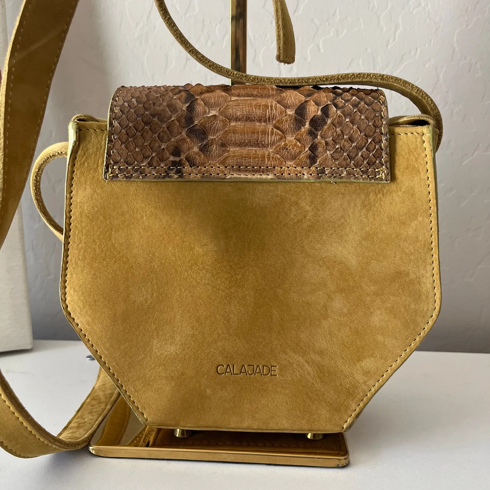 Cala Jade Leather Snakeskin Flap Hexagon Small Crossbody Bag‎ Purse Yellow - Image 8