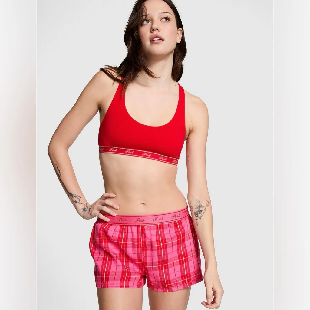 PINK VICTORIA’S SECRET Flannel Boxy Pajama Shorts Rose Red Plaid Soft Comfy XL - Image 3