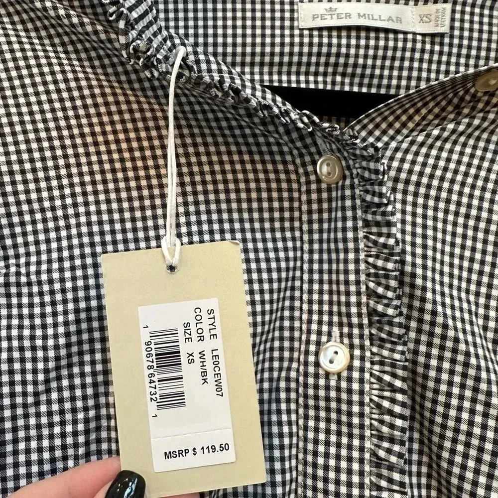 Peter Millar  Black White Checkered Button Down Ruffle Collar Sleeve Blouse XS - Image 3