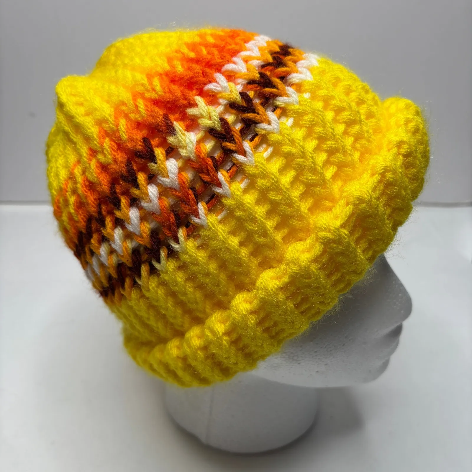 Vintage 70s Bright Yellow Orange Striped Hand Knit Crochet Beanie Winter Hat VTG - Image 3