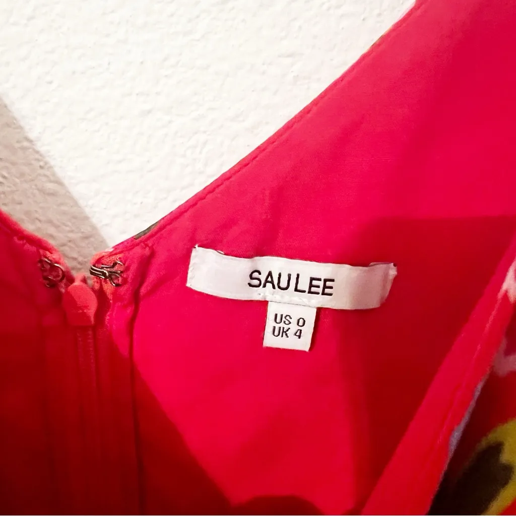 Sau Lee Sofia Satin Floral Print Ruched Midi Dress in Red Garden Size US 0 - Image 4