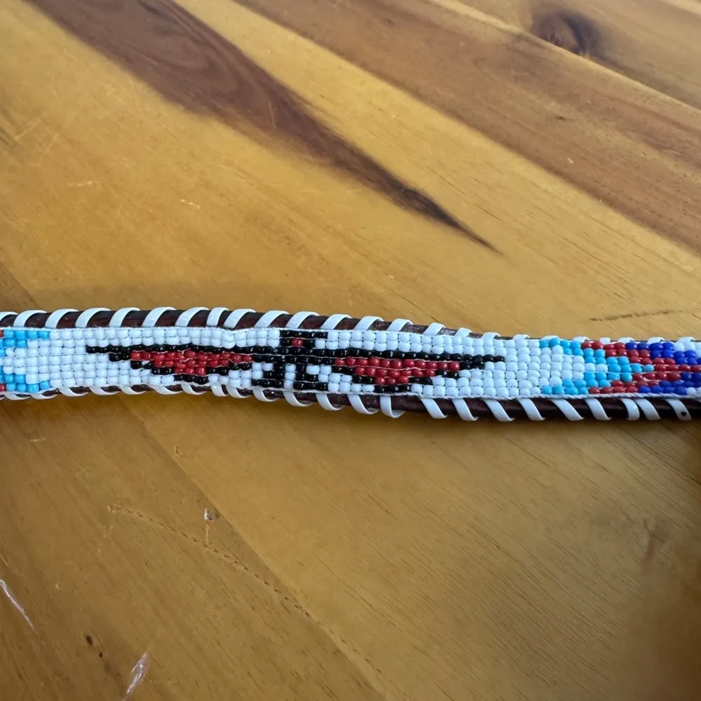 Vintage red leather belt hand beaded Aztec thunderbird size 28 - Image 2