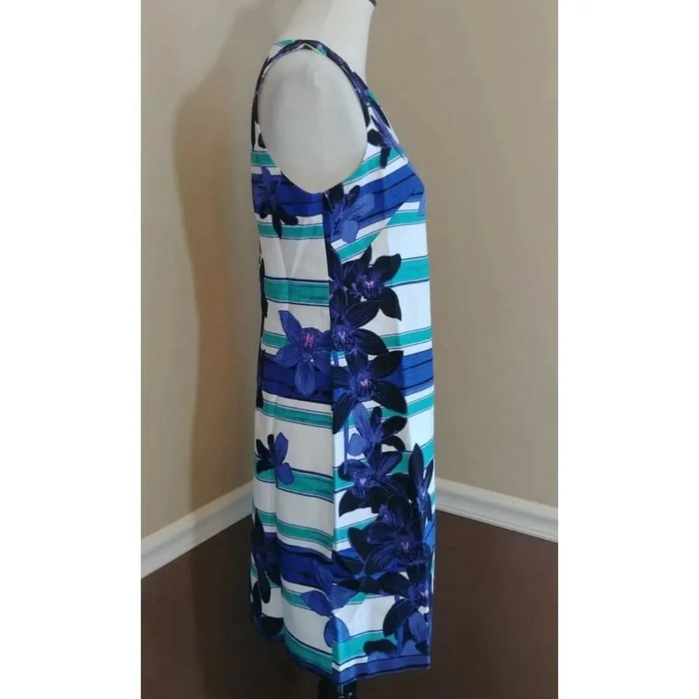 ModCloth Eliza J White Blue & Green Striped Floral Sleeveless A-Line Dress 8 - Image 3