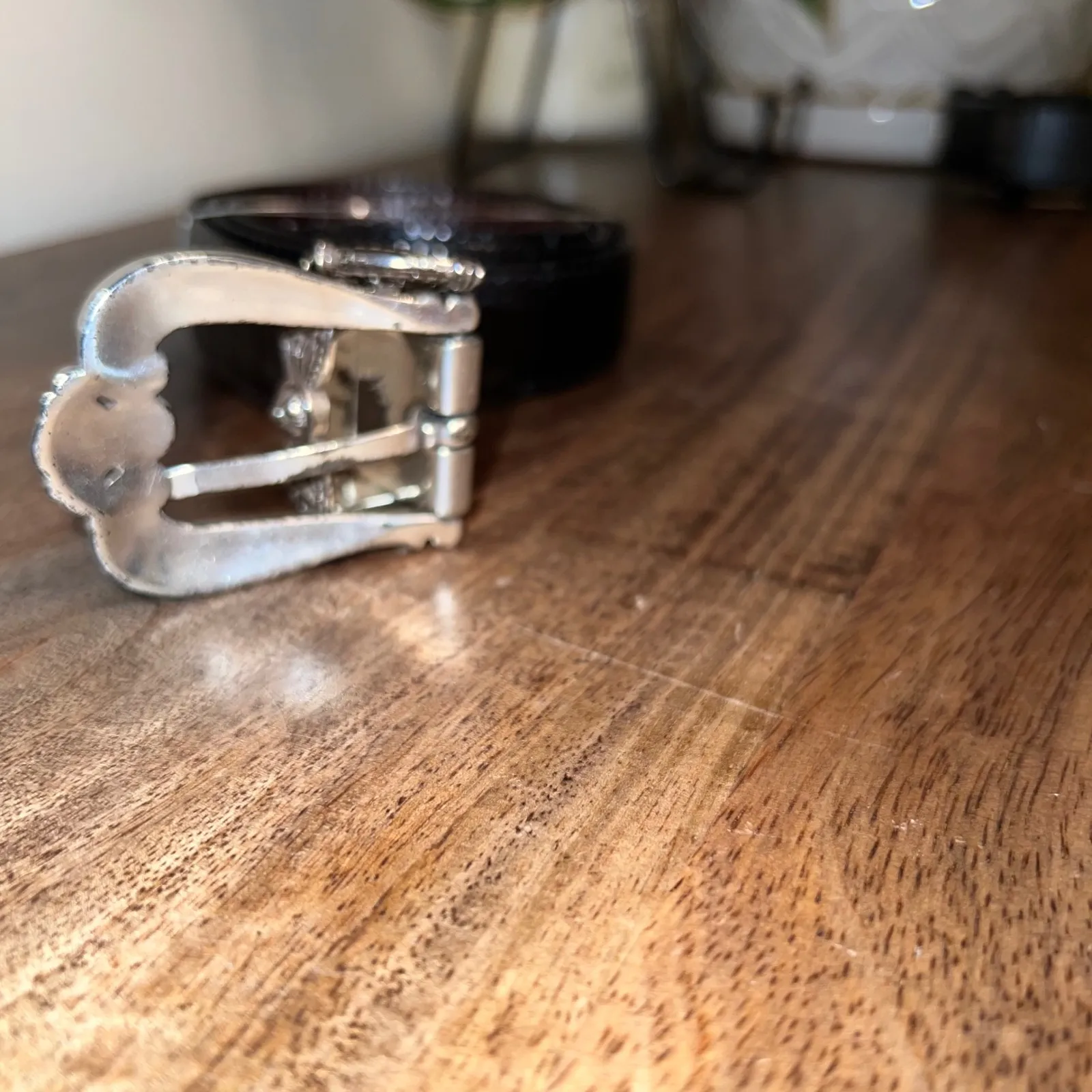 Brighton Womens M/L Black/Brown Embossed Alligator Skin Belt Silver Buckle Charm - Image 5