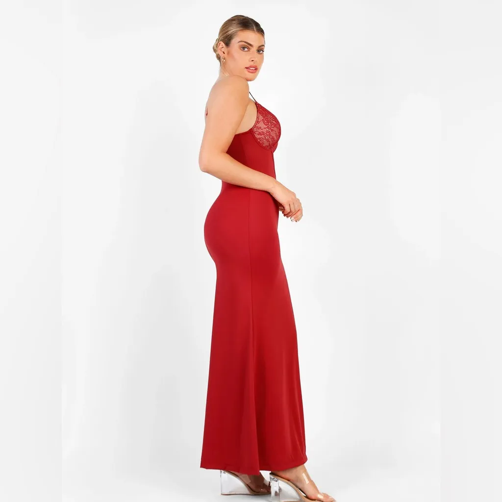 Popilush Shapewear Lace V Neck Side Slit Slimming Maxi Slip Dress sz XXL Red - Image 2