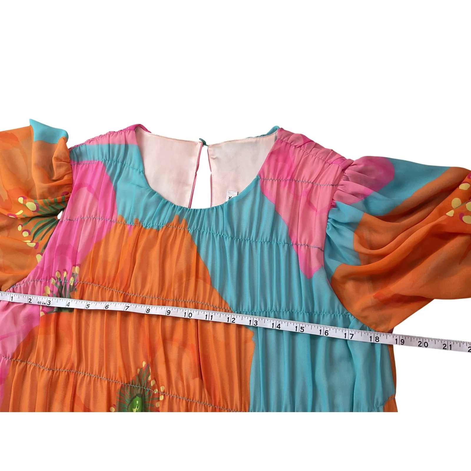 Trina Turk Floral Tiered Midi Dress Orange Blue Pink Ruffle Sleeve Size S - Image 10