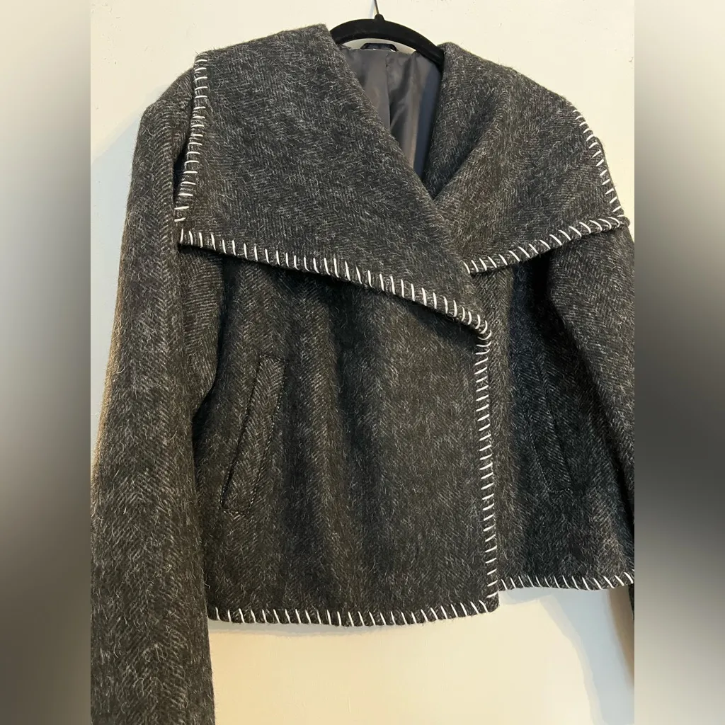 Anthropologie Wool Blend Collared Black Jacket with White Stitching - Image 9