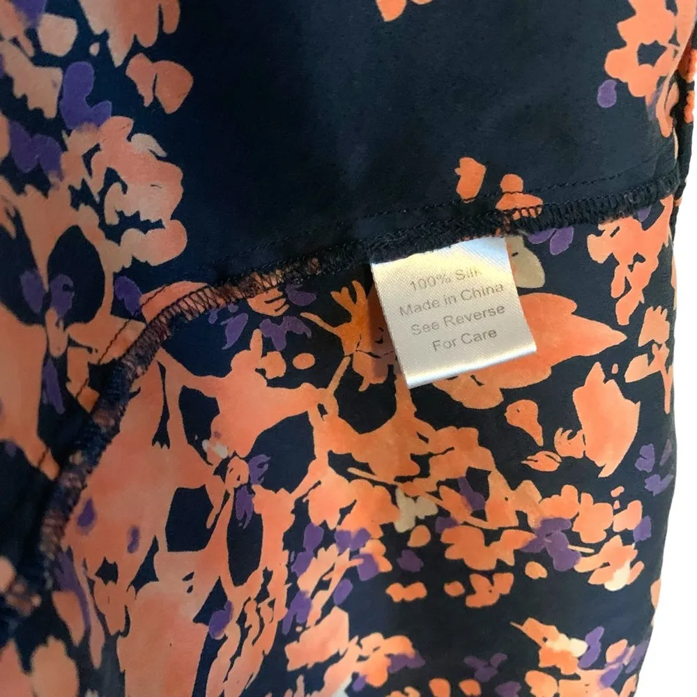 Parker 100% silk Floral Printed Navy Orange Purple ruched flare mini dress - Image 9