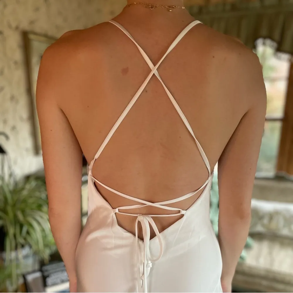 Elegant Ivory White Satin Draped Cowl Neck Open Back Slip Bridal Gown 6 - Image 4