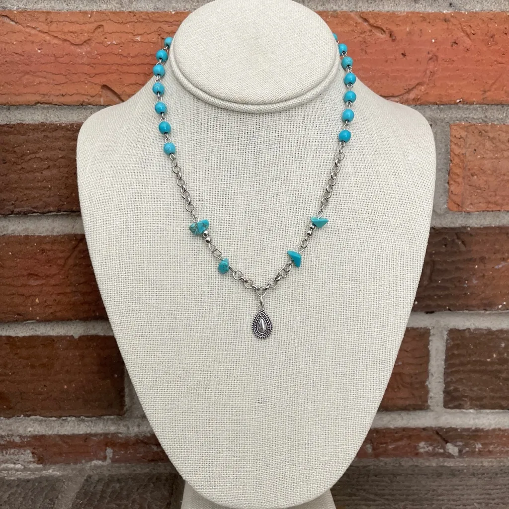 Faux Turquoise Cluster Cross and Spaced Bead Necklace Set - Image 4