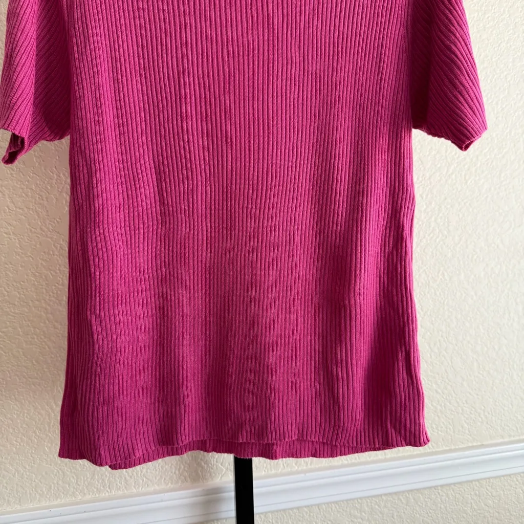 Vintage Hot Pink Ribbed Knit Short Sleeve Sweater Women’s Medium Top Pullover - Image 2