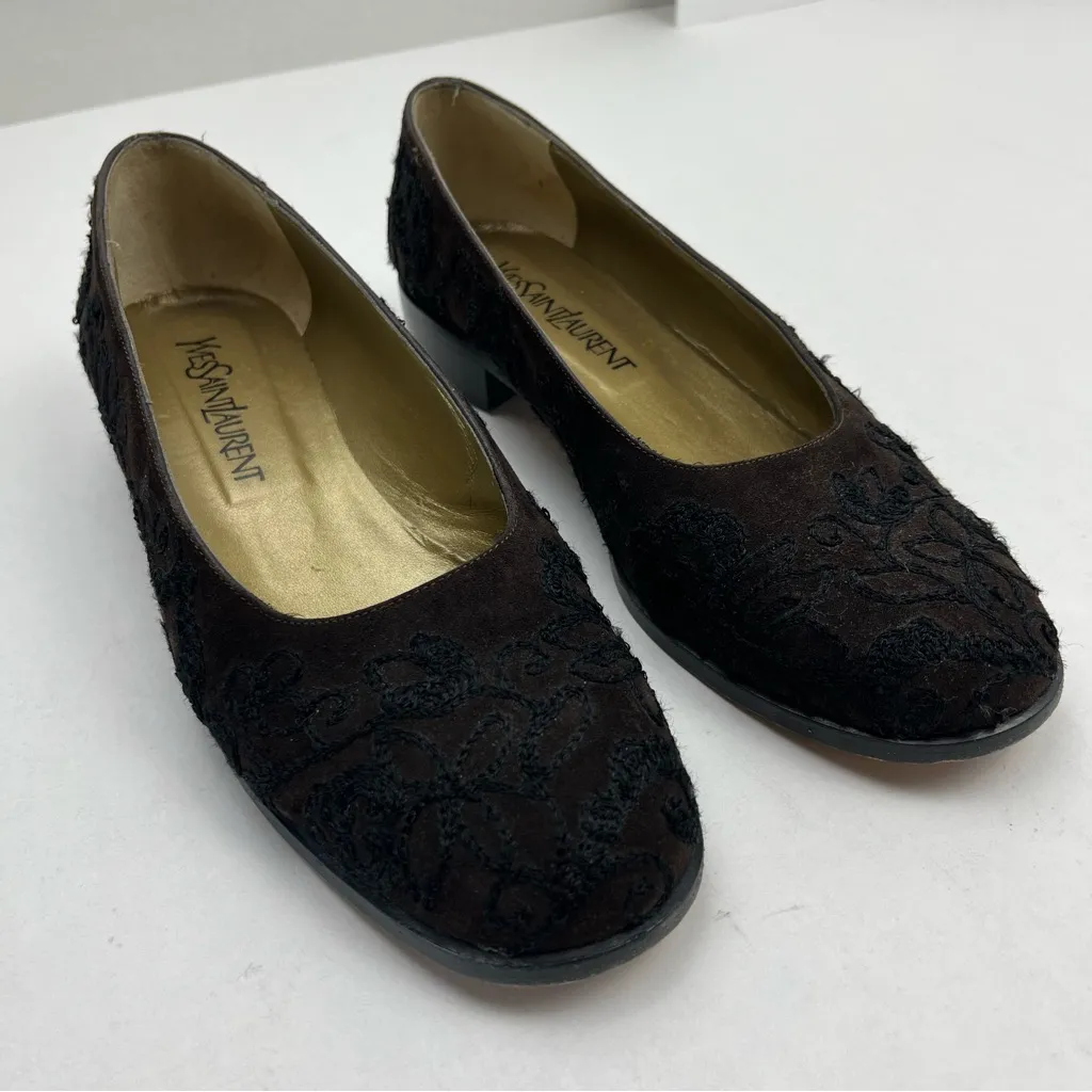 Yves Saint‎ Laurent Vintage Black Brown Velvet Embroidered Shoes Womens 8M *FLAW Size 8 - Image 3