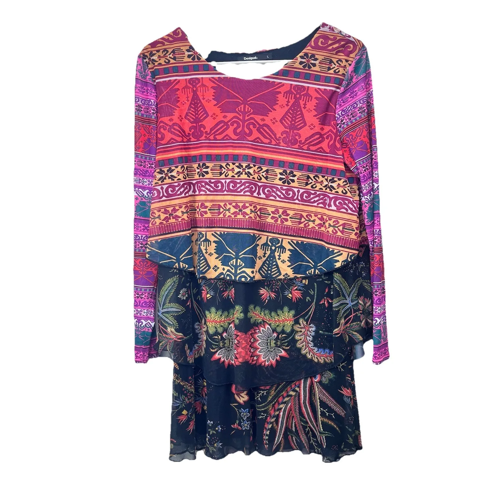 Desigual Layered Colorful Mixed Print‎ Long Sleeve Mesh Mini Carol Dress LARGE - Image 4