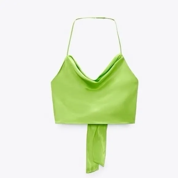 ZARA  Satin Effect Lime Green Backless Crop Top - Image 3