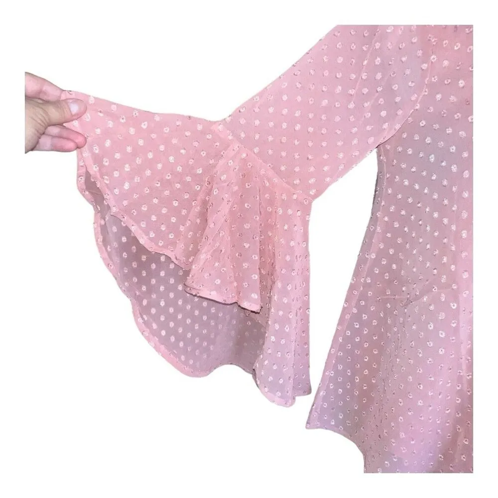 Band of Gypsies Blouse Women XS Blush‎ Pink V Neck Swiss Dot Bell Sleeves Boho - Image 4