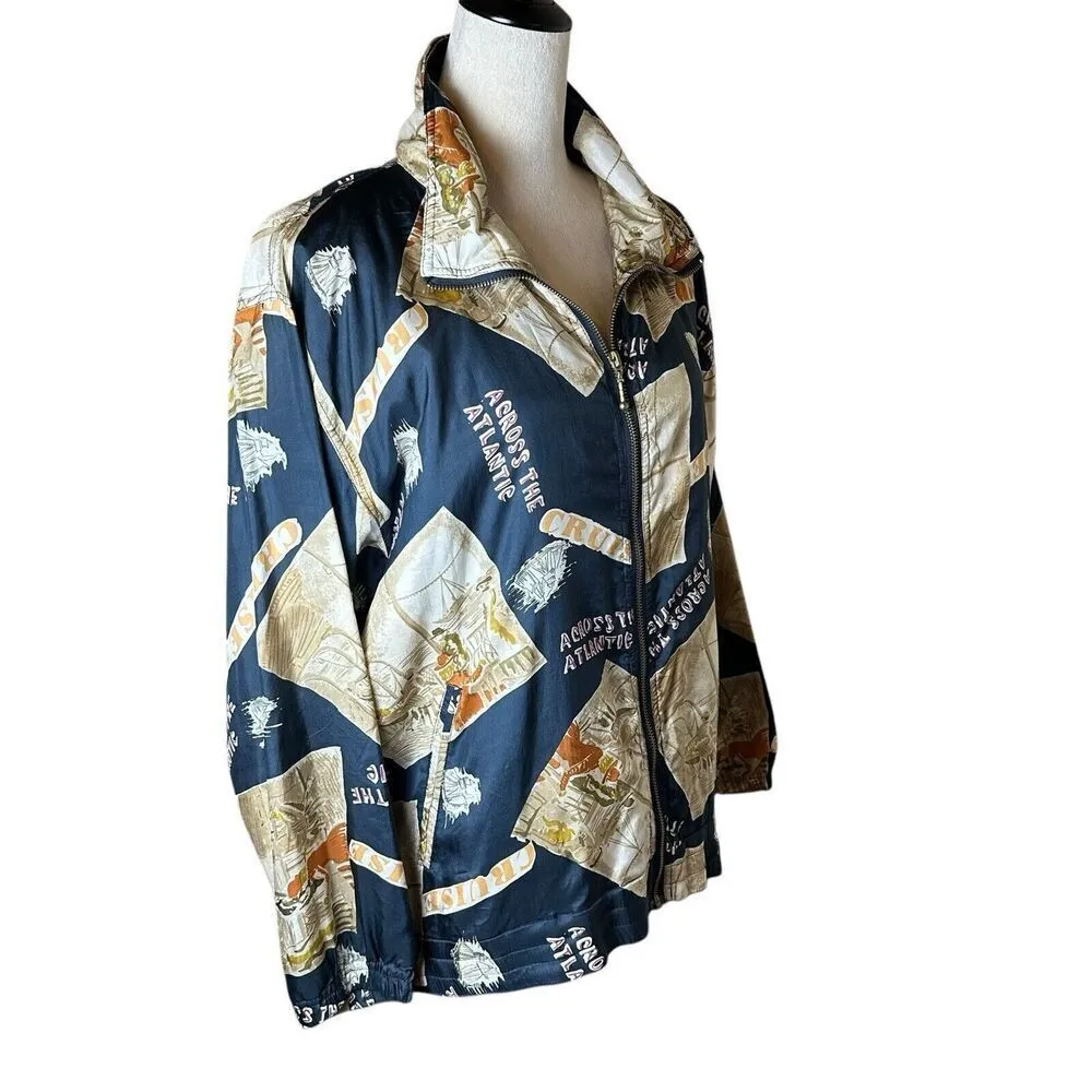 Vintage EVR Silk Bomber Jacket M Travel Print “Across the Atlantic” Cruise Theme Blue Size M - Image 2