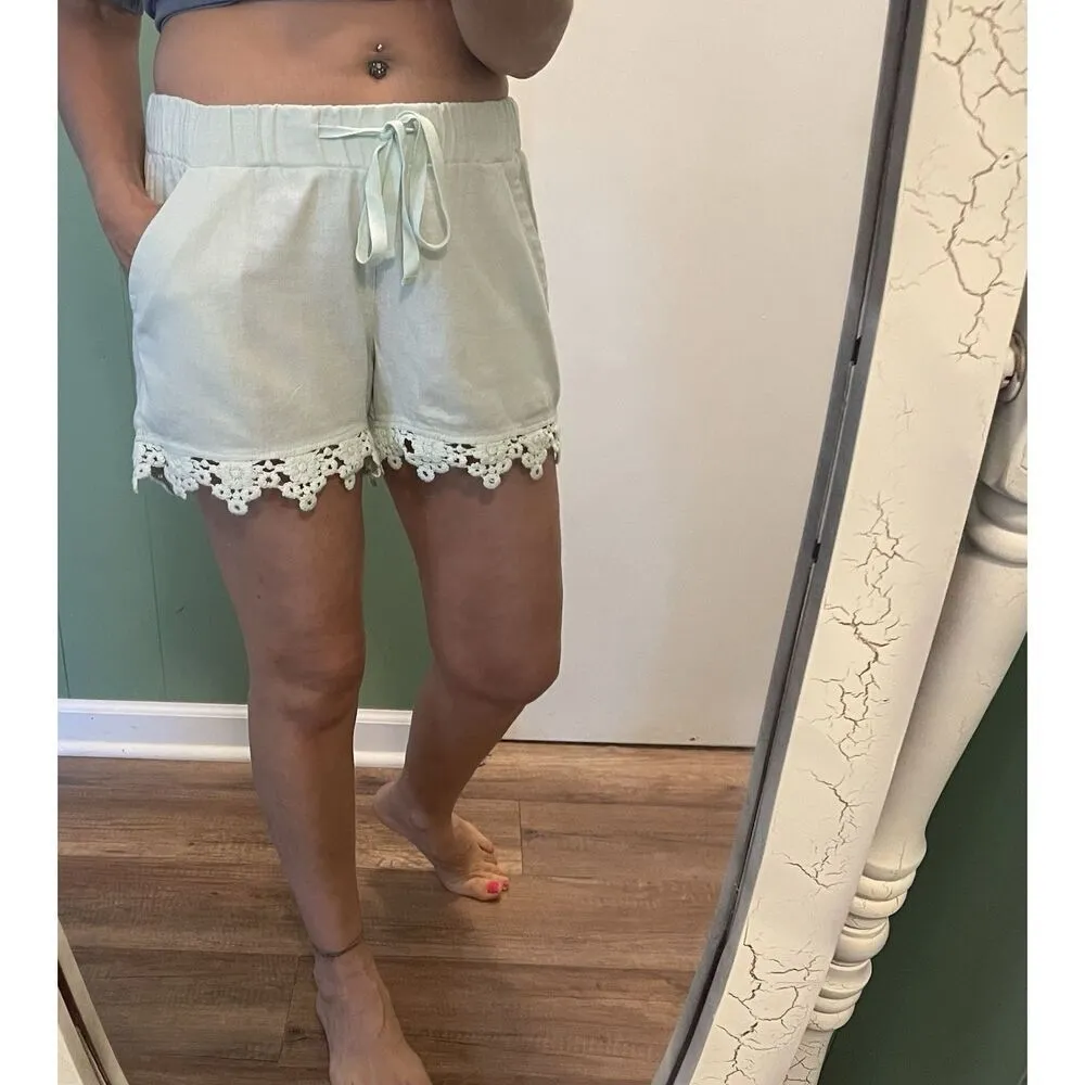 BeBop Women’s Linen Blend Shorts S/M Crochet Lace Trim Pockets Casual - Image 9
