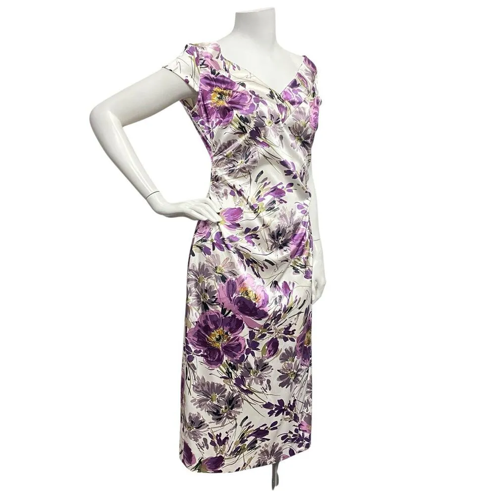 Maggy London Purple Floral Satiny Dress Women’s Size 8 Preppy Romantic Church - Image 2