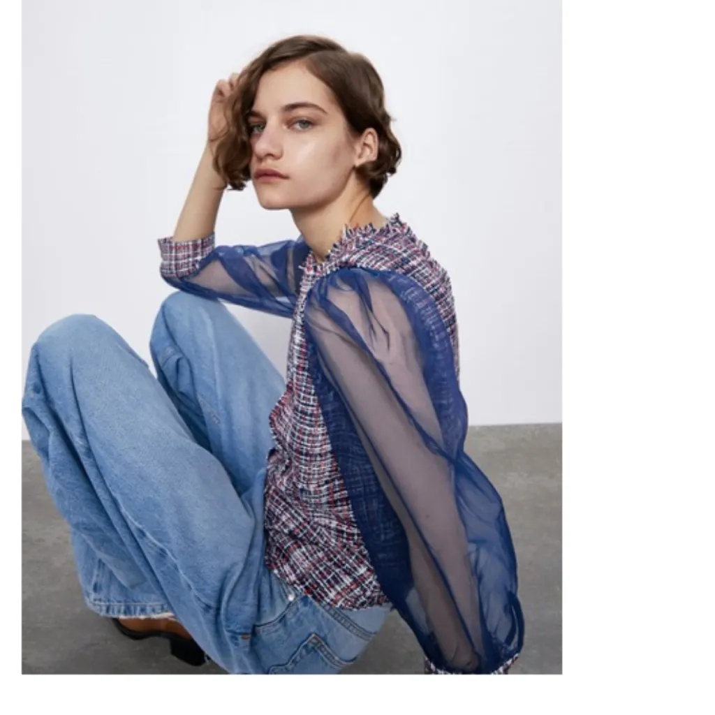 NWOT Zara ORGANZA AND TWEED Plaid TOP Blouse - Image 7