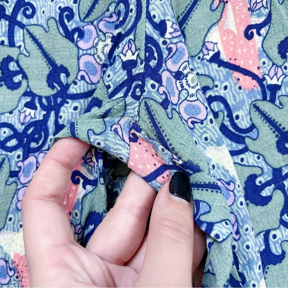 FLAX • wide leg crinkle rayon pants fish seaweed pattern coral blue green - Image 5