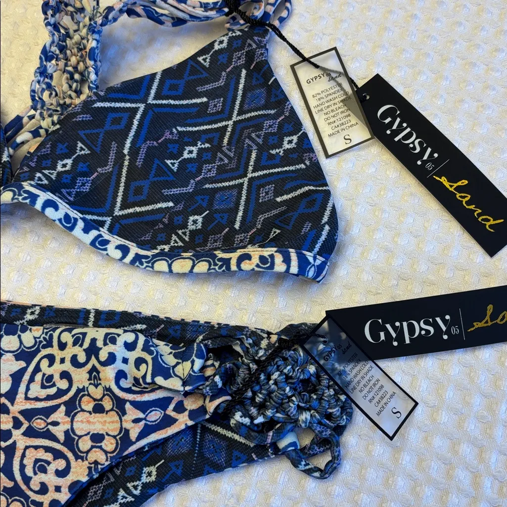 NEW! GYPSY 05 SAND Bikini Size S Small Racerback Top Cheeky Bottoms Blue Tile - Image 12