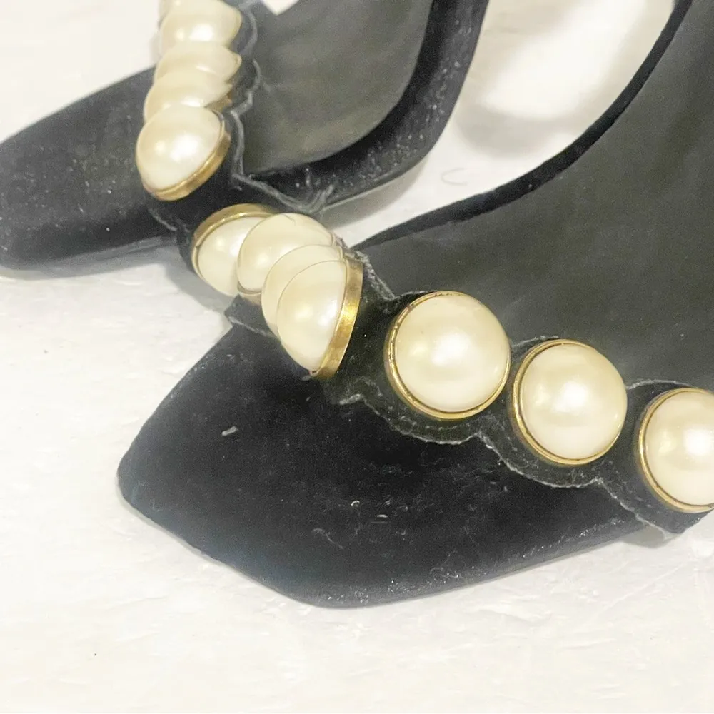 Jeffrey Campbell Size 7 Black Suede Lindsay White Pearl Studded Suede Heels - Image 3