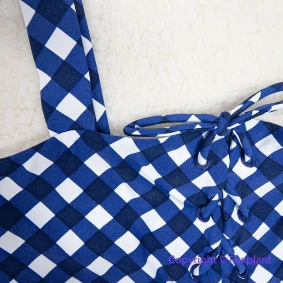 NEW Onia Raquel blue white gingham check raquel one piece swimsuit, size M - Image 7