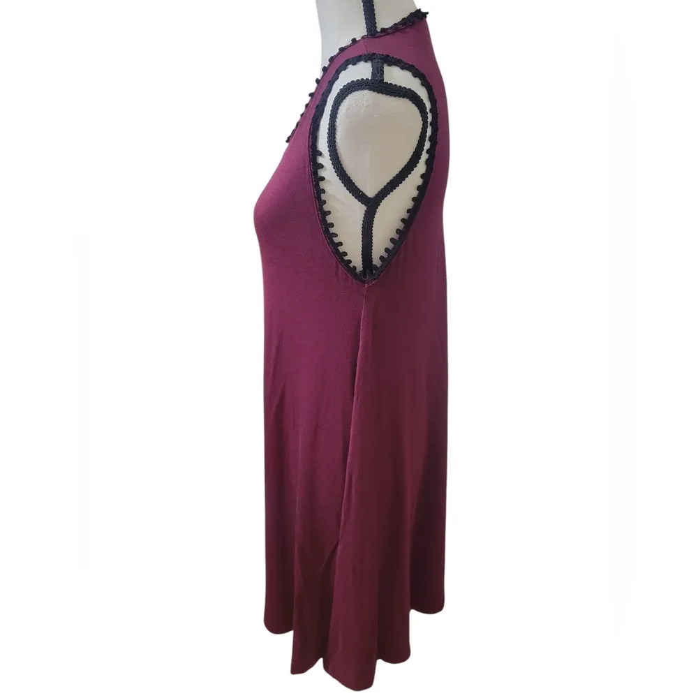 Vfish Burgundy Sleeveless Dress with Black Lace Trim Sz L Red Size L - Image 5