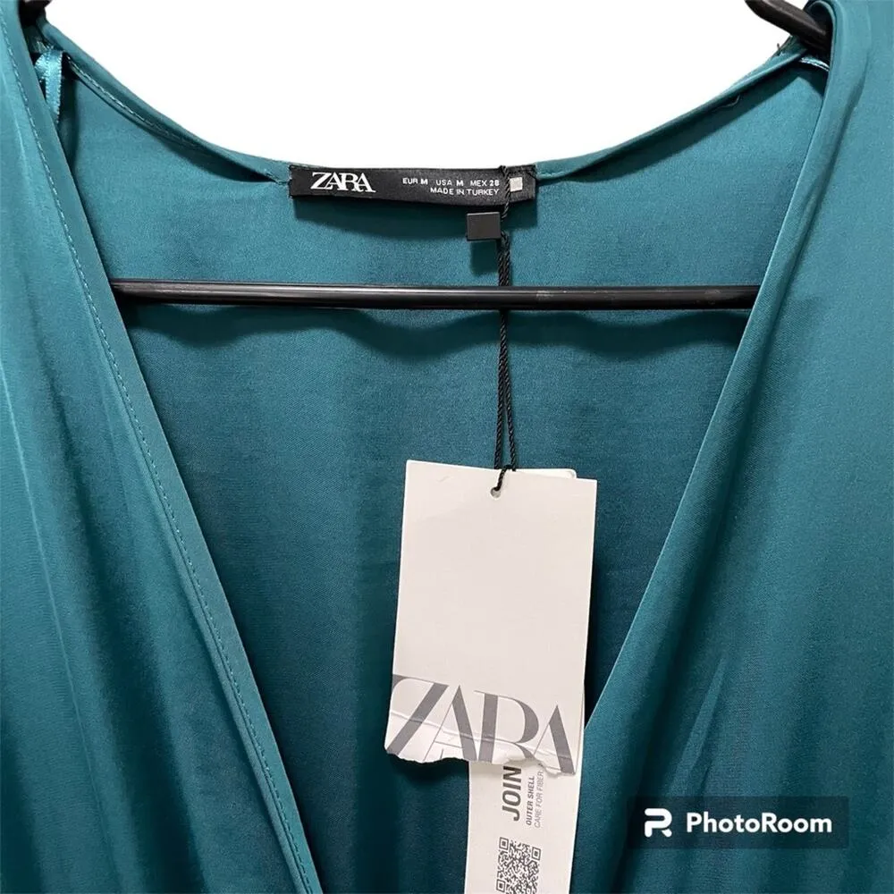 NWT Zara Teal Long Sleeve Satin Mini Dress Elastic Waist Ruffled Hem V-Neck M - Image 8
