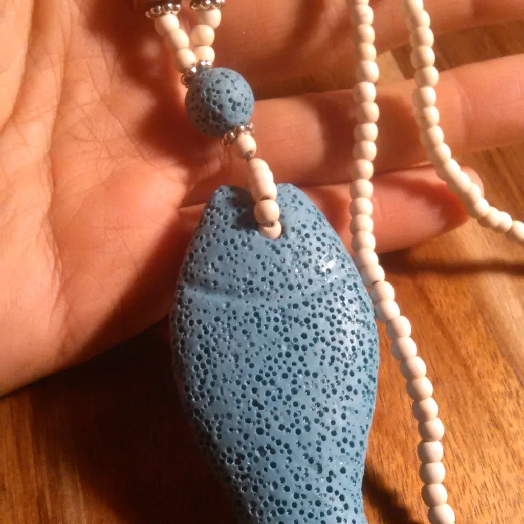 White and Blue Howlite and Lava Stone Fish Pendant Necklace (28 Inch) - Image 8