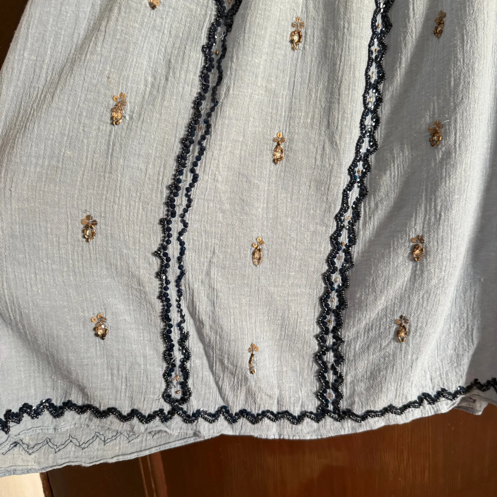 CALYPSO ST. BARTH | Blue Gauze Beaded Boho Peasant Top Short Sleeve  Medium - Image 7