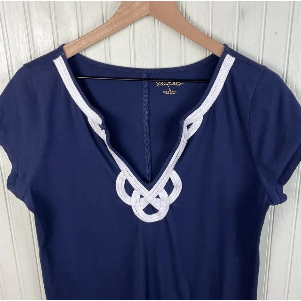 Lilly Pulitzer Brewster Contrast Trim T-Shirt Dress Pima Cotton Navy Size Large - Image 5