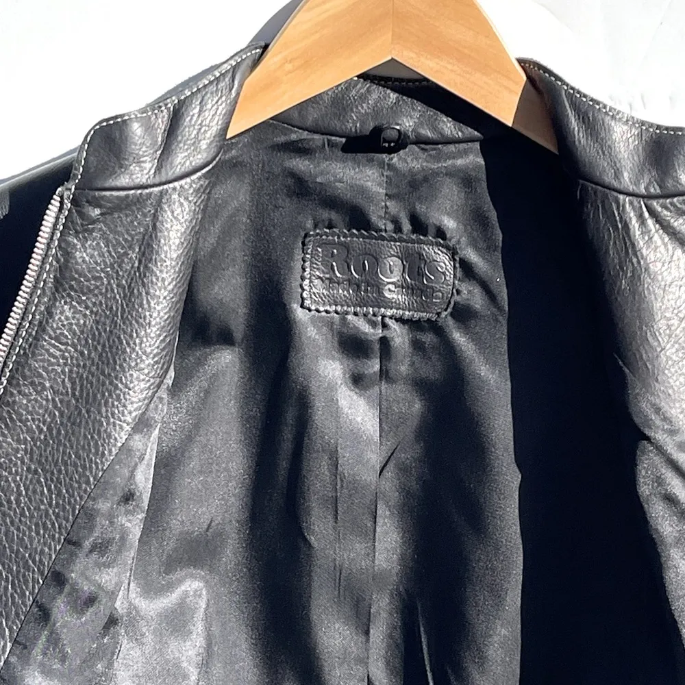 ROOTS Women’s Black Leather Zip Front Jacket Size 4 - Image 5
