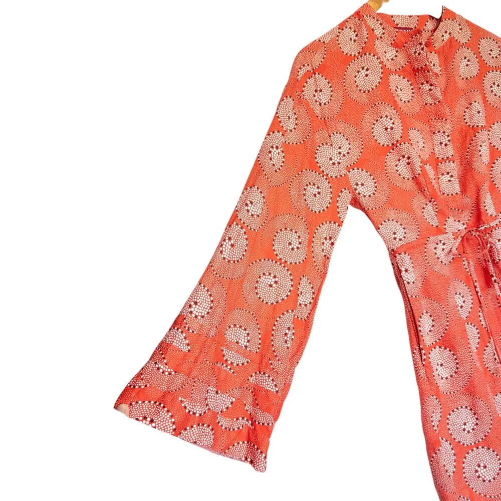 Staud Karlee Linen Long Sleeve Printed Bell Sleeve Mini Dress Coral Orange XS - Image 7