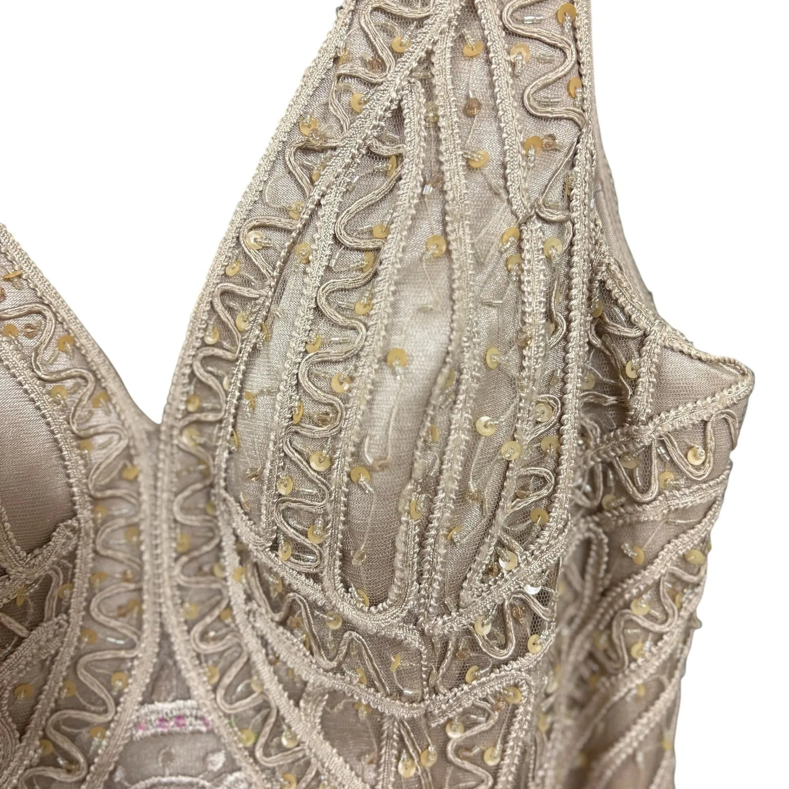 Montage by Mon Cheri Beaded Gown V Neck Sleeveless Evening Dress Size 10 M Tan Size M - Image 6