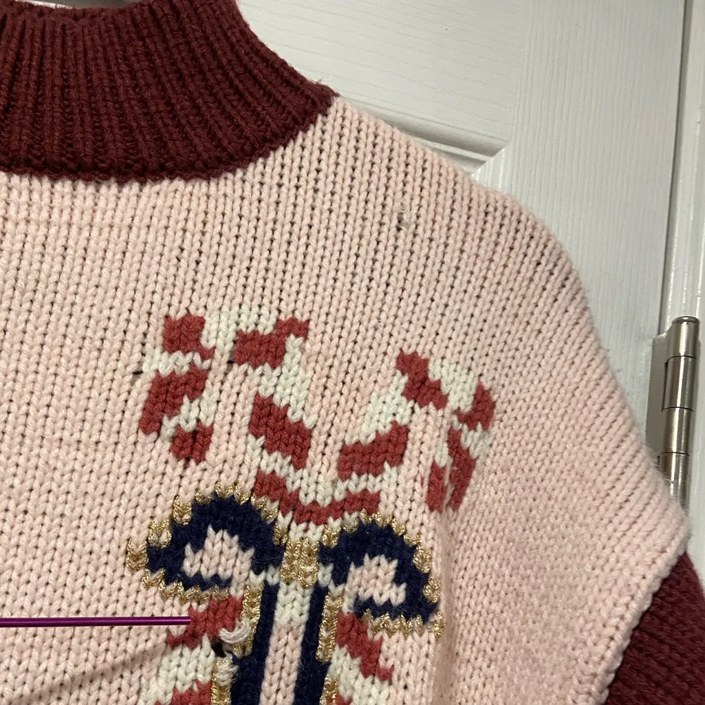 VTG 80s Karen Scott Size M Pink Christmas Sweater Patchwork Beaded Holiday Mock - Image 9