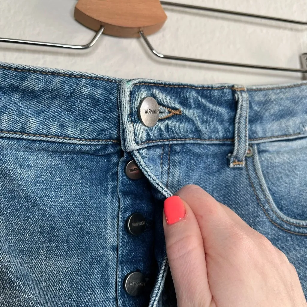 Warp + Weft Ibiza High Rise festival Distressed Blue Denim Jean Shorts Size 31 - Image 7