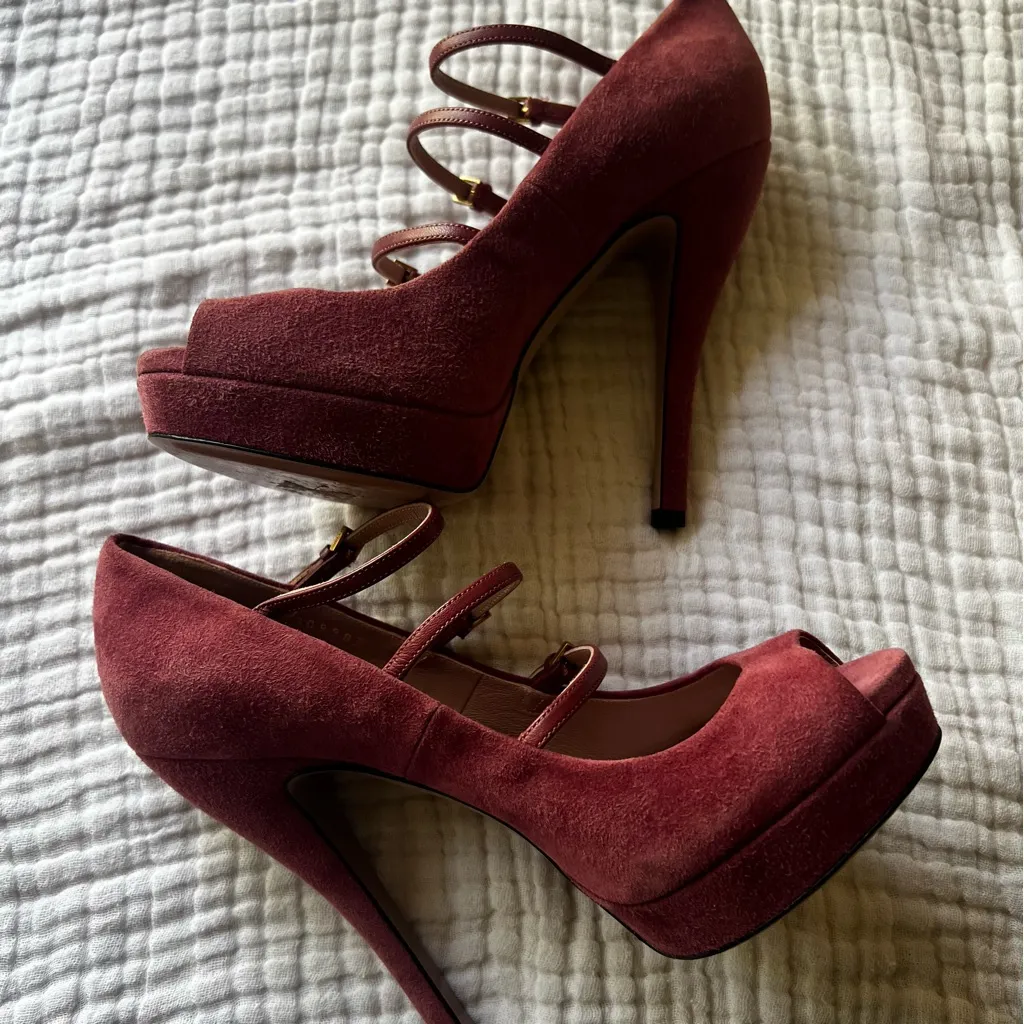 GUCCI Lisbeth open toe Pump in Antique Rose Suede Women's SIZE 37 US‎ 7 - Image 6