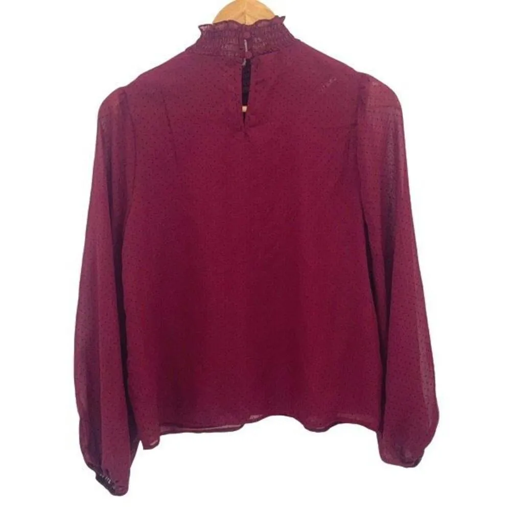 NWT Aqua Womens Prairie Smocked‎ Mock Neck Puff Long Sleeve Blouse Burgundy XS - Image 5