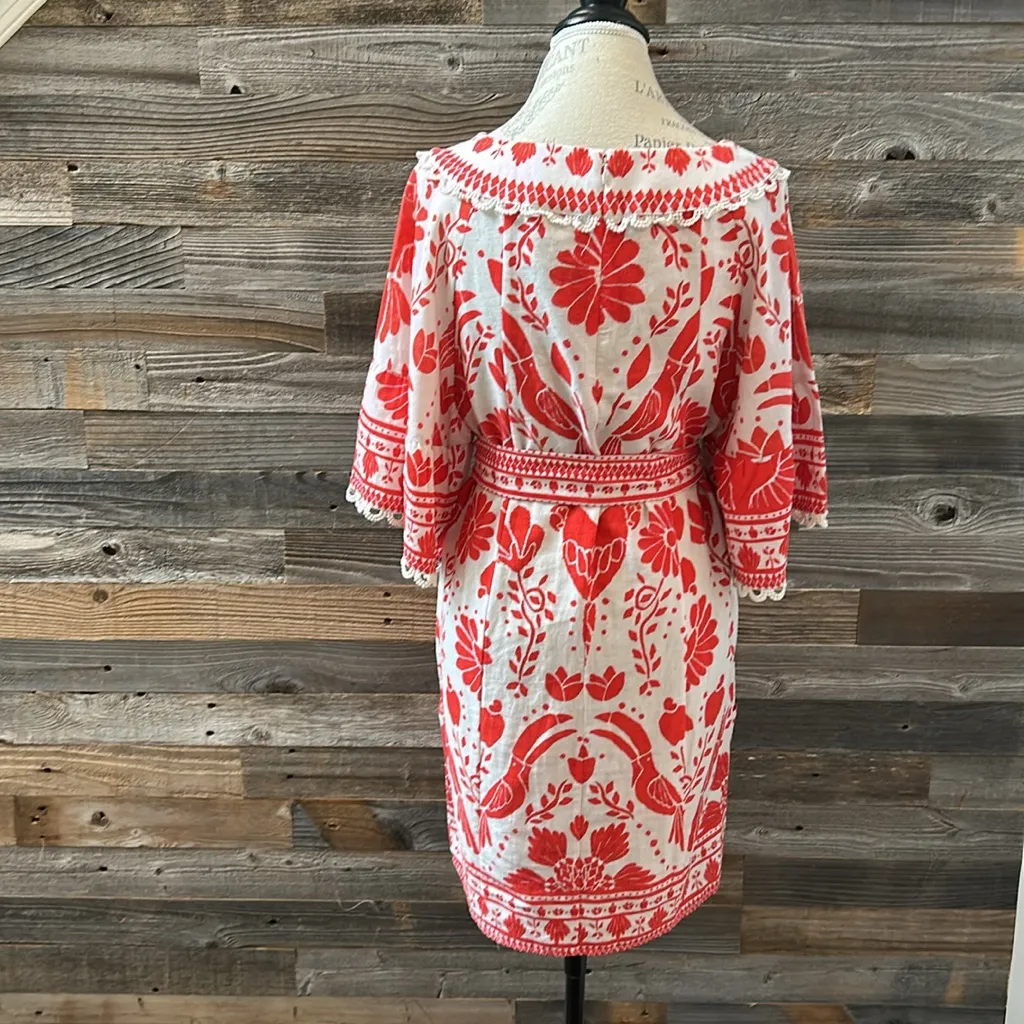 Farm Rio Red/White Bird Pineapple Print Embroidered Tie Dress Size Small - Image 8