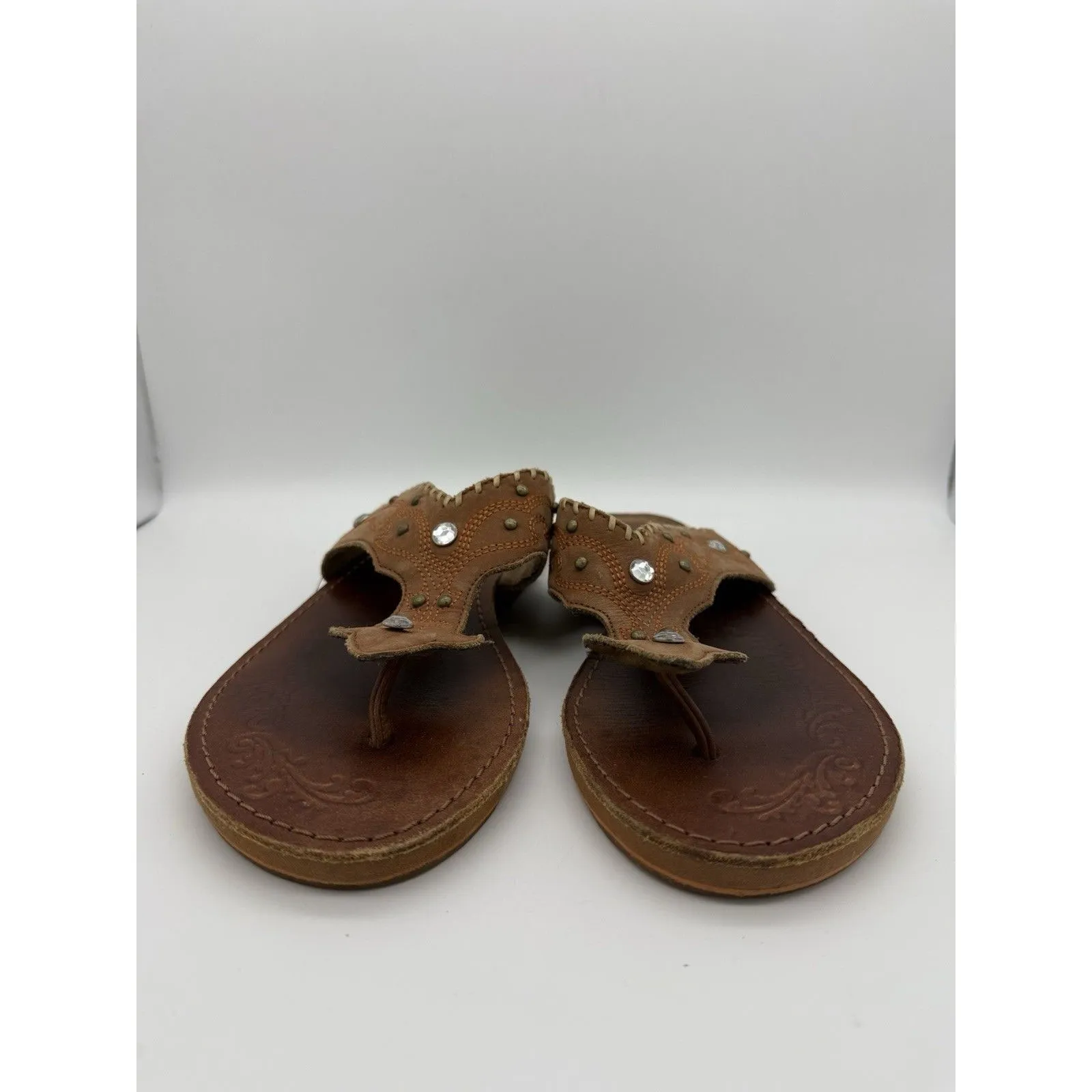 Roper Flip Flops Womens 8/8.5 Rhinestone Western Embroidered Country Cowgirl Brown - Image 2