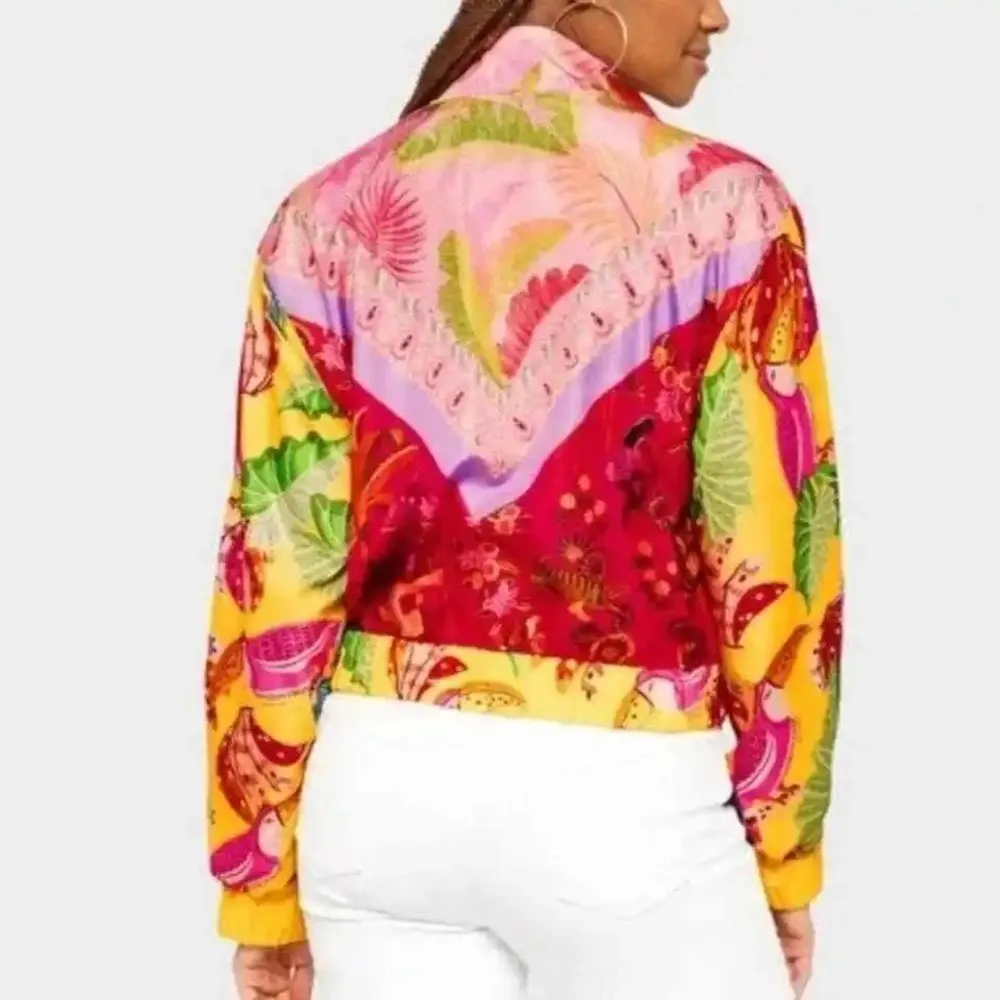 Farm Rio Mixed Scarves Multi Color Windbreaker Jacket Size XL Toucan Tropical - Image 4