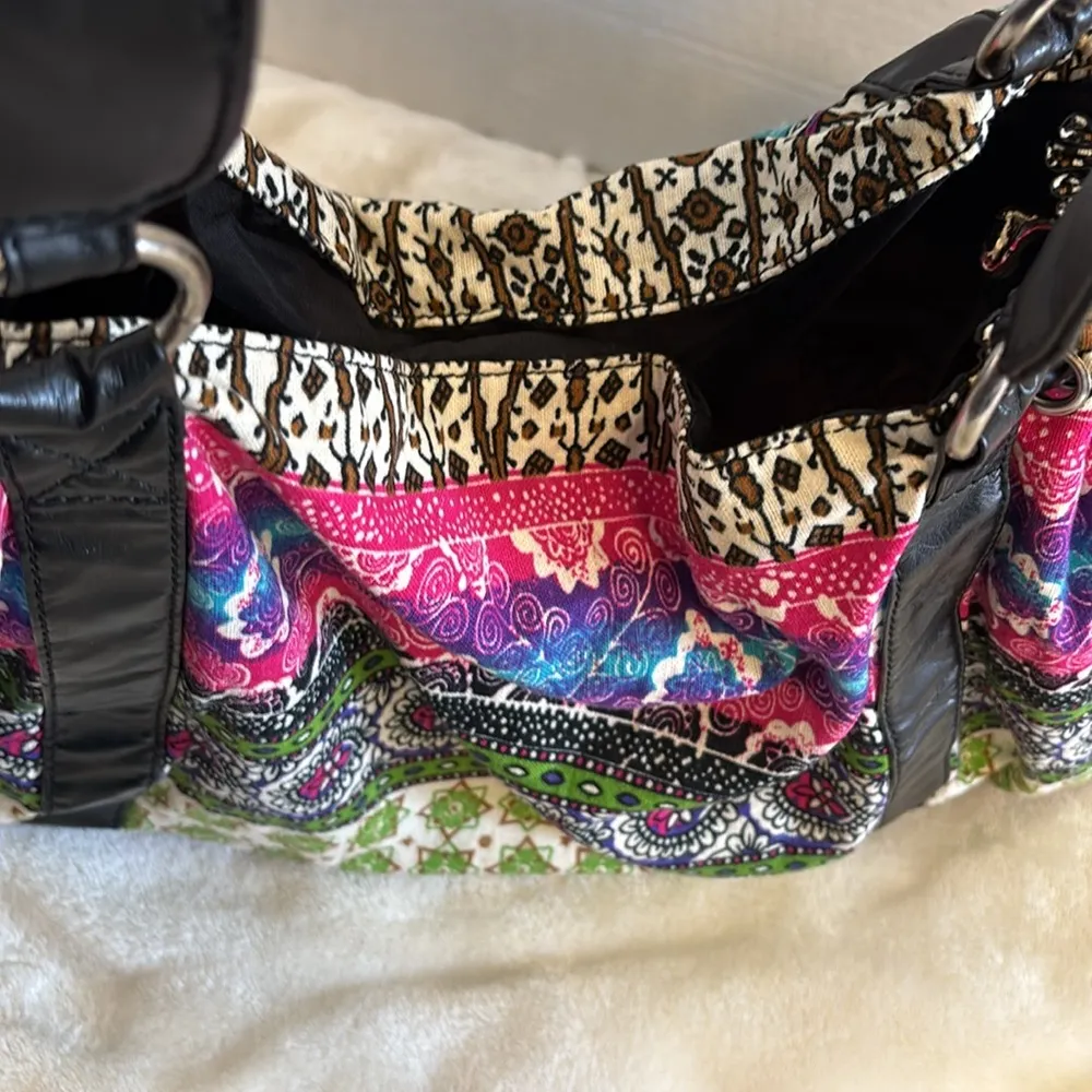 AMICI CLOTH BAG BOHO DESIGN BEGAN LEATHER STRAPS AND TIE STRING ON SIDES Blue - Image 9