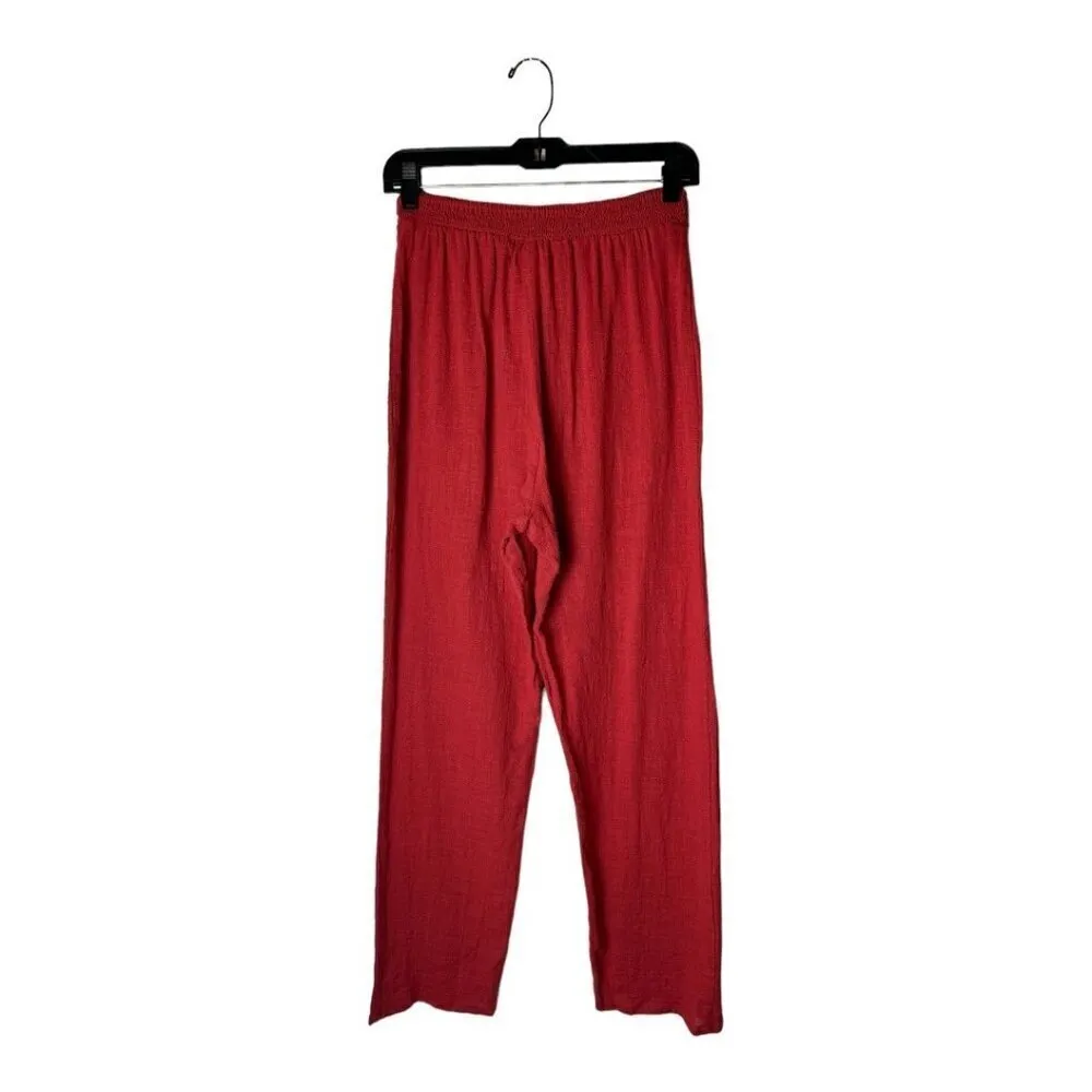 LPA Pants Women Medium Red Gauzy Cotton Elastic Tie Waist High Rise Tapered - Image 2