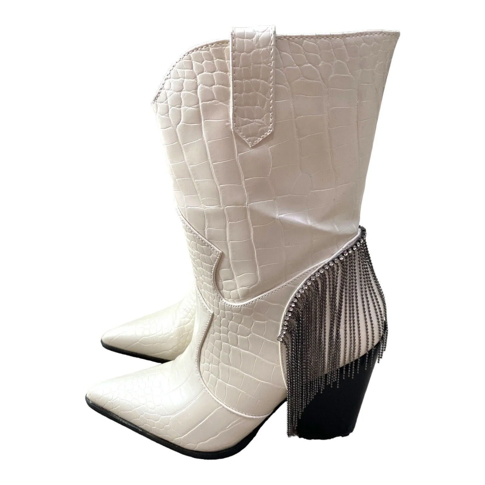 Nasty‎ Gal Faux Croc Fringe Rhinestone White Western Boots Size US Size 6, EU 37 - Image 4