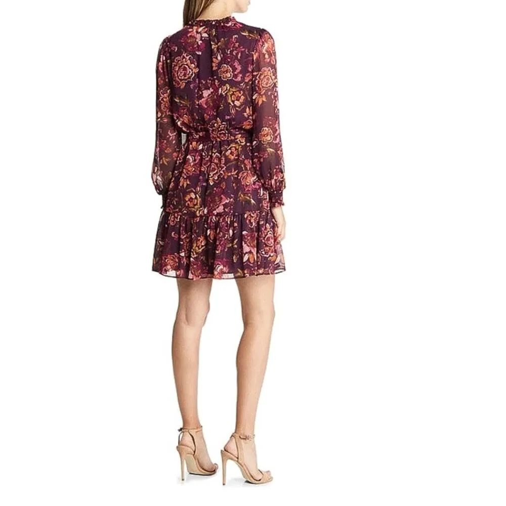 Vince Camuto Purple Floral Long Sleeve Chiffon Tie Belt Mini Fit & Flare Dress 8 - Image 2