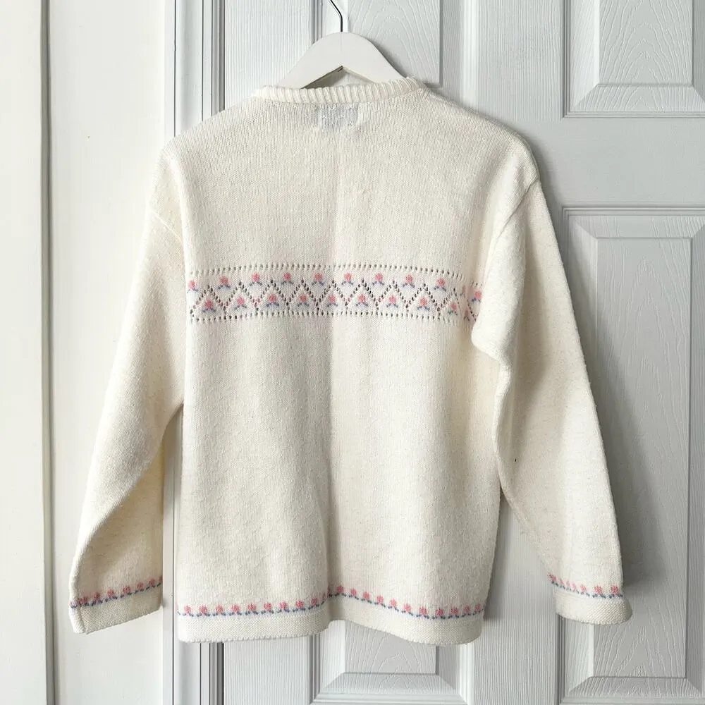 College Point Wintuk Orlon Acrylic Beige Cottagecore Floral Print Cardigan M USA Pink Size M - Image 9