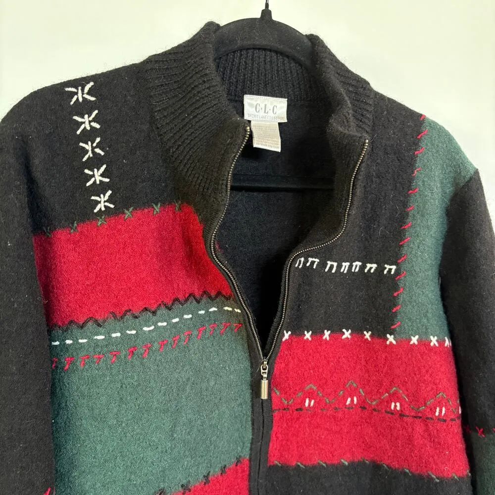 Vtg 90's Wool Patchwork Jacket Boxy Zip Up Grandma Sweater Black Embroidered XL - Image 2