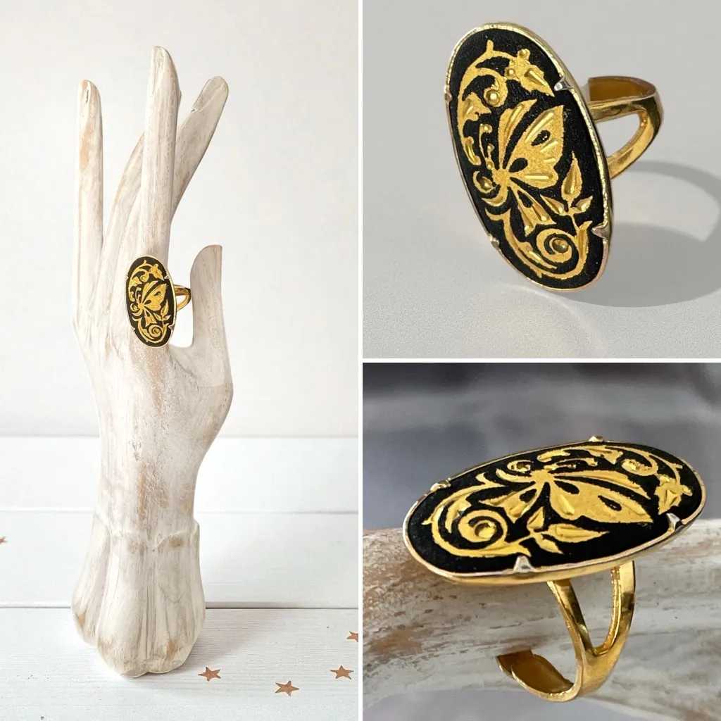 Vintage Damascene Oval Black and Gold Adjustable Ring - Image 4