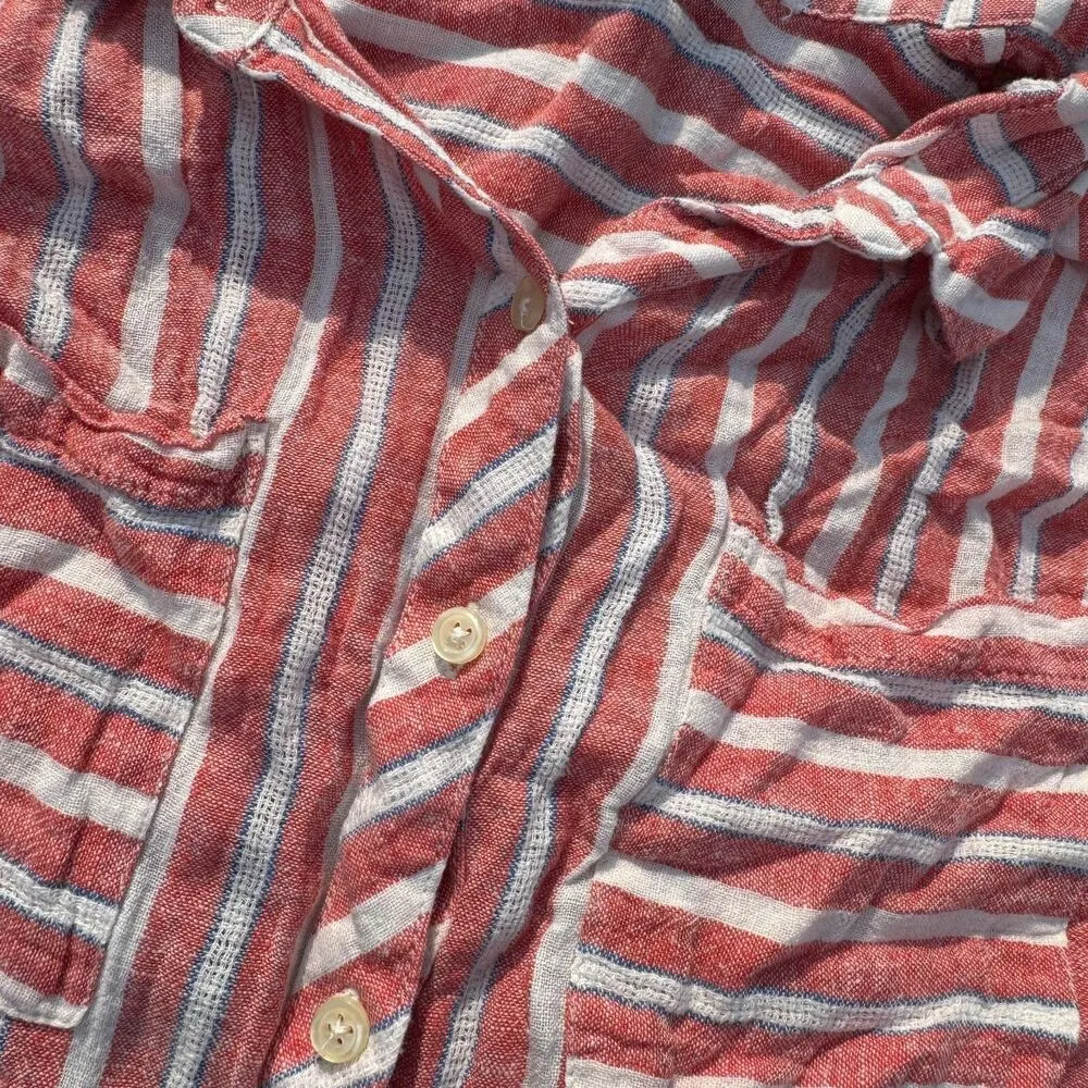 Lucky Brand Pink White Striped Collared Short Sleeve Tie Hem Linen Top Size S - Image 4